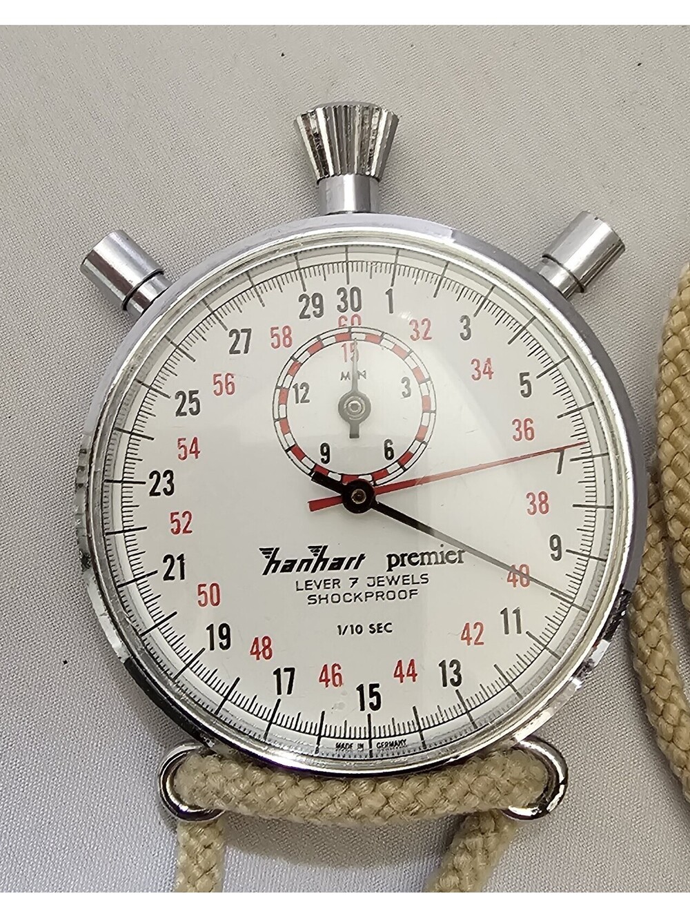 Vintage Hanhart Premier Lever 7 Jewels Shockproof 1/10 Sec Stopwatch Germany
